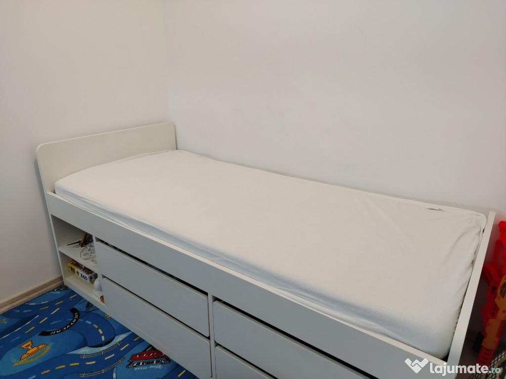 Vand Cadru pat+depozitare+somieră, alb, 90x200 cm