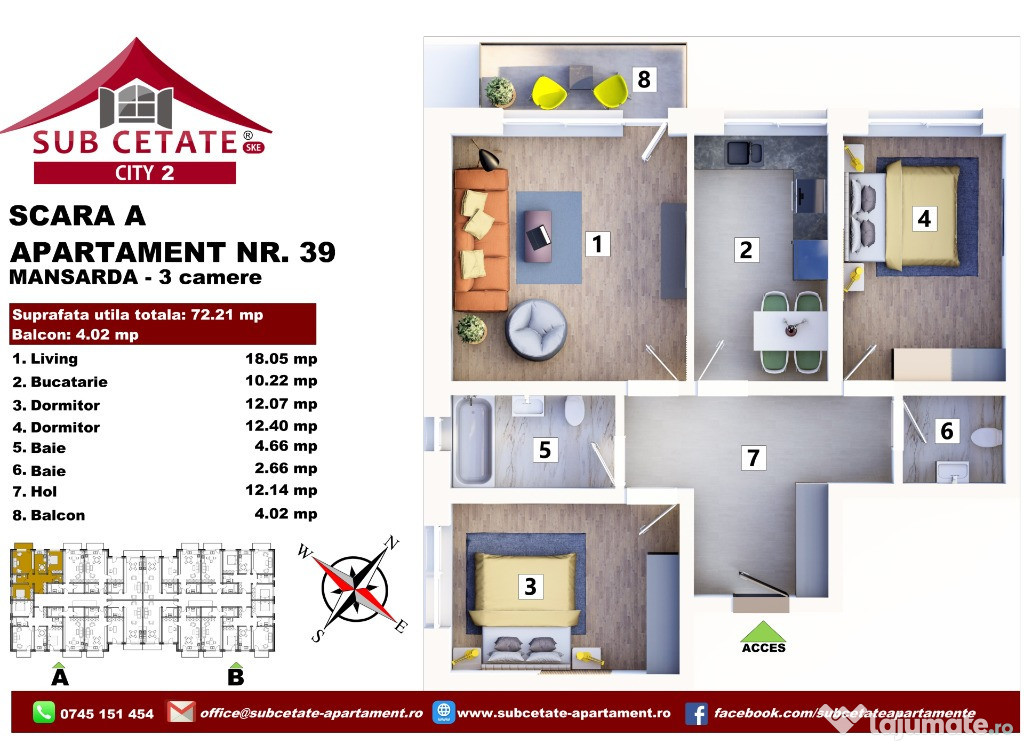 Apartament cu 3 camere decomandat 72 mp + balcon prin credit bancar