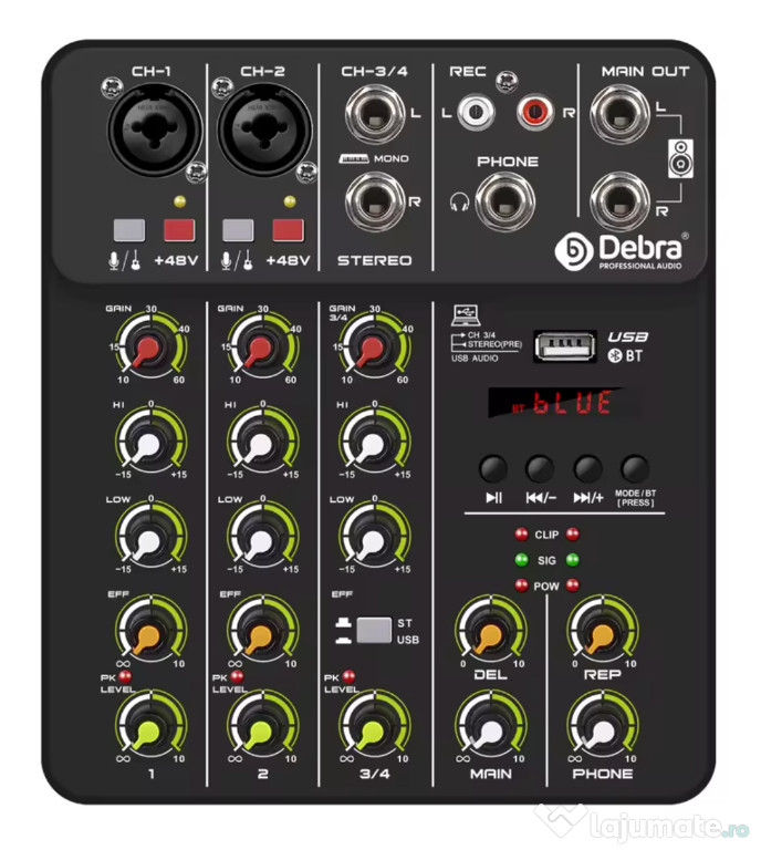 Audio Mixer 4 canale, cu intrare pe analog, Bluetooth si USB