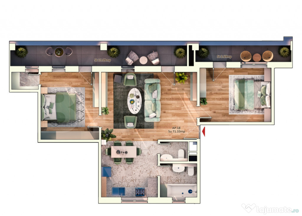 Apartament 3 Camera, 71 mp, 2 Bai, Terasa 19 mp, Zona Iulius