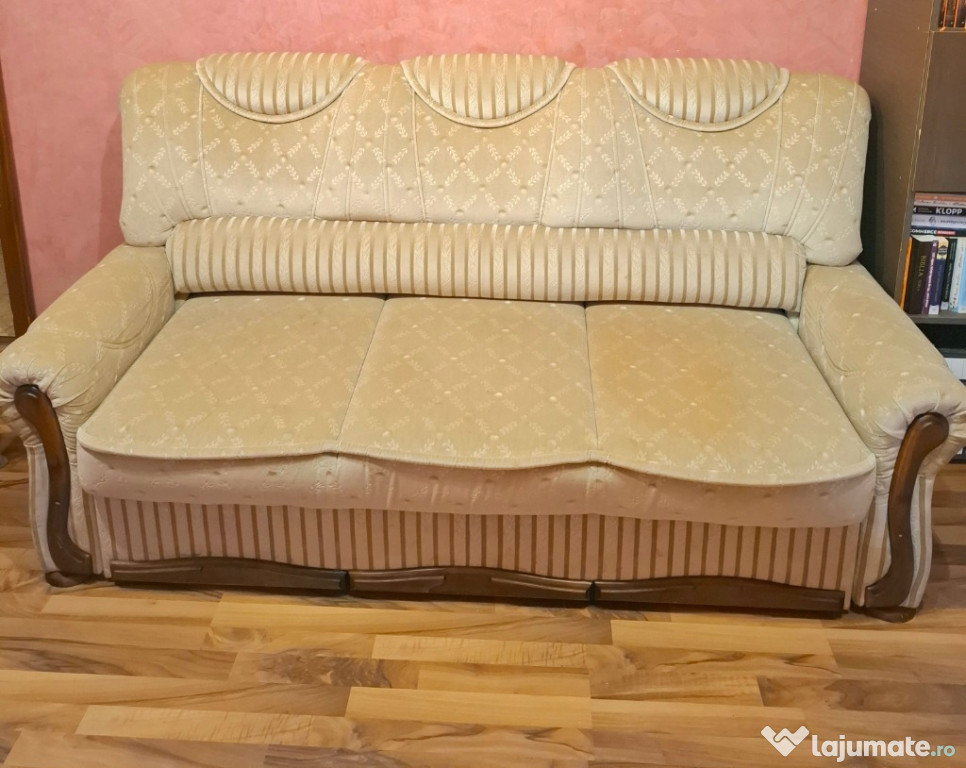 Canapea 3 Locuri Premium, Extensibilă, Crem + Lemn Masiv