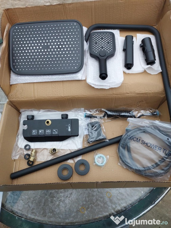 Set duș termostatic complet negru, design modern pătrat, Piano Key, no