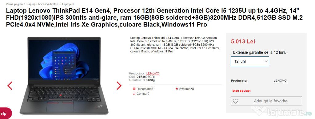 Laptop Lenovo ThinkPad E14 Gen4 Procesor 12th Gen i5 1235U at 4.4GHz