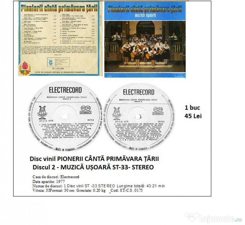 DISC Vinil Pionierii cânta primavara țării (discul 2 -