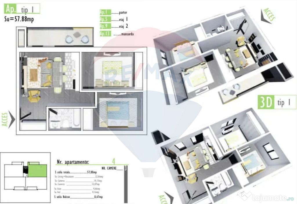 Apartament cu 3 camere, gradina 69 mp, Apahida