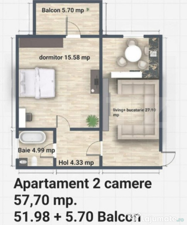 Apartament 2 camere, 57 mp, zona Miroslava