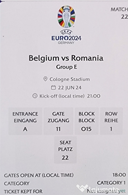 2 Bilete Euro 2024 Belgia - Romania Categoria 1