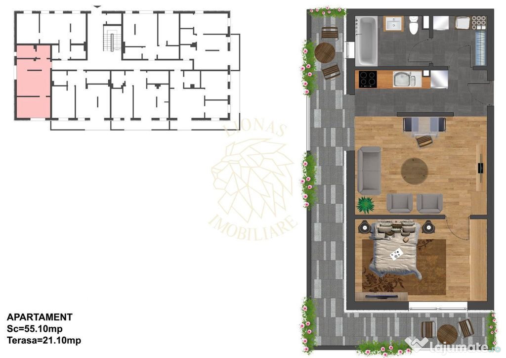 Apartament Ultrafinisat 55 mp-terasa 21 mp-etaj 3-Zona Lu...
