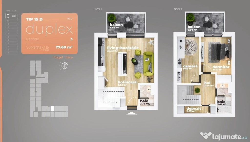 Duplex 3 camere Piata Sudului 63.72 mp utili