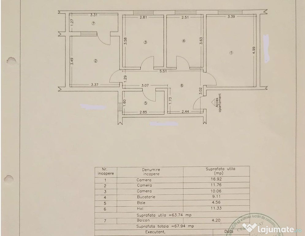 Apartament zona Dacia 3 camere