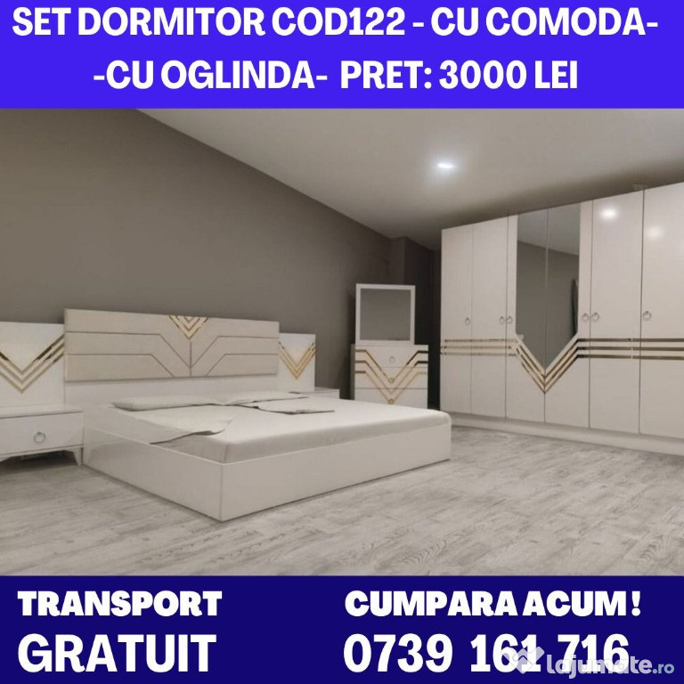 Set Dormitor Raio-Cod122 / COMODA / Pat / 2 Noptiere / Dulap / Oglinda