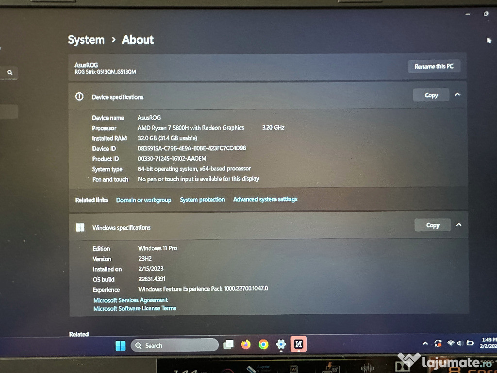 Laptop Gaming ROG STRIX G15 AMD Ryzen 7 5800H Nvidia GeForce RTX 3060