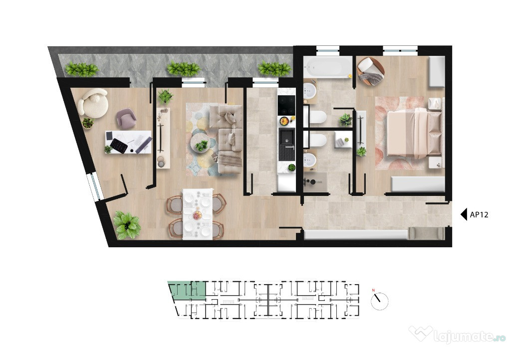Apartament cu 3 camere și două băi, langa Lacul Morii