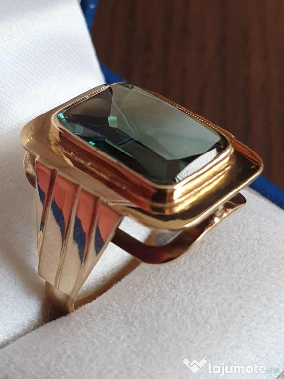 Inel ghiul vintage unicat antic unisex aur 14k cu turmalina naturala 8