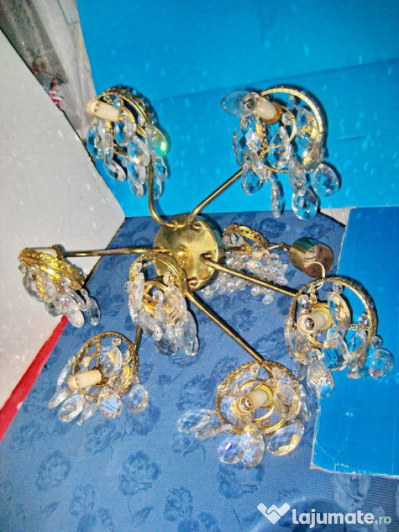 7803-Candelabru 6 brate alama si bronz sticle slefuite gen cristal.