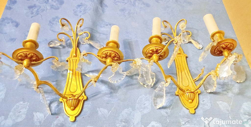D376-Set 2 Aplice electrice bronz masiv aurit sticle Cehia