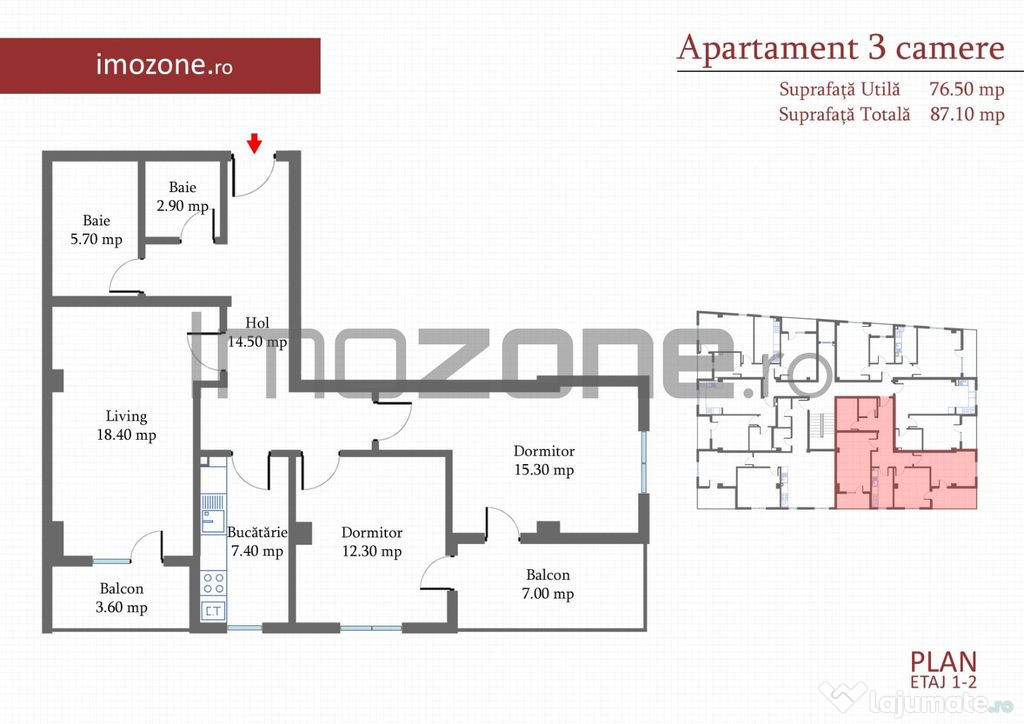 3 Camere, 86 mp, decomandat, 2 balcoane, zona de case, Mi...