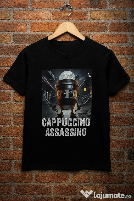 Tricou negru copii 6-7 ani – model „Cappuccino Assassino”, design amuz