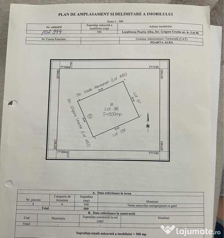 Teren intravilan Poarta Albă – 500 m²