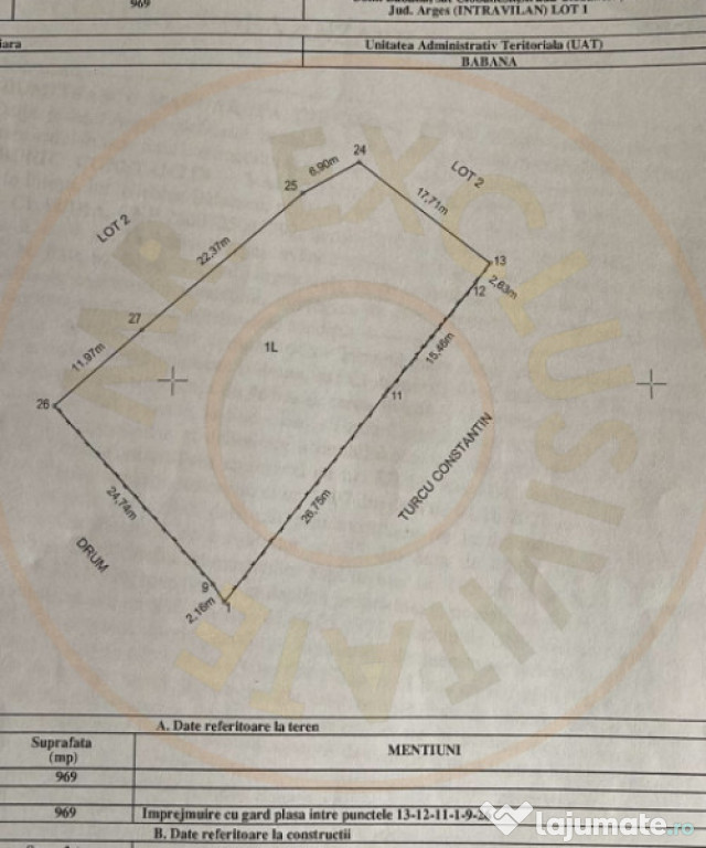 Teren 969 mp intravilan Babana, jus. Arges. Comision 0%
