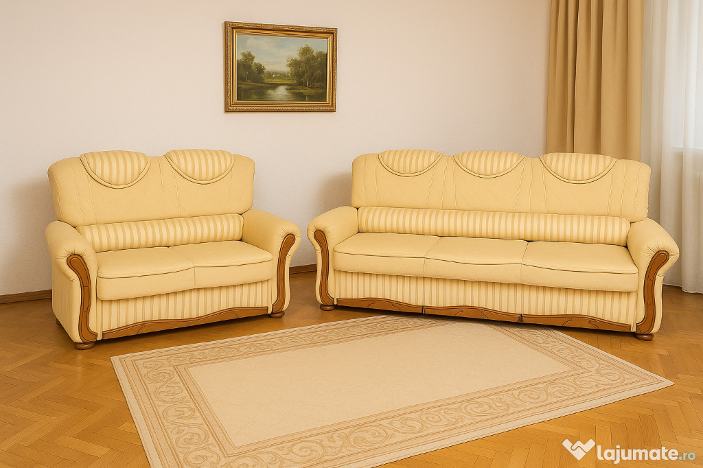 Set canapele clasice 2 locuri + 3 locuri crem din lemn masiv – extensi