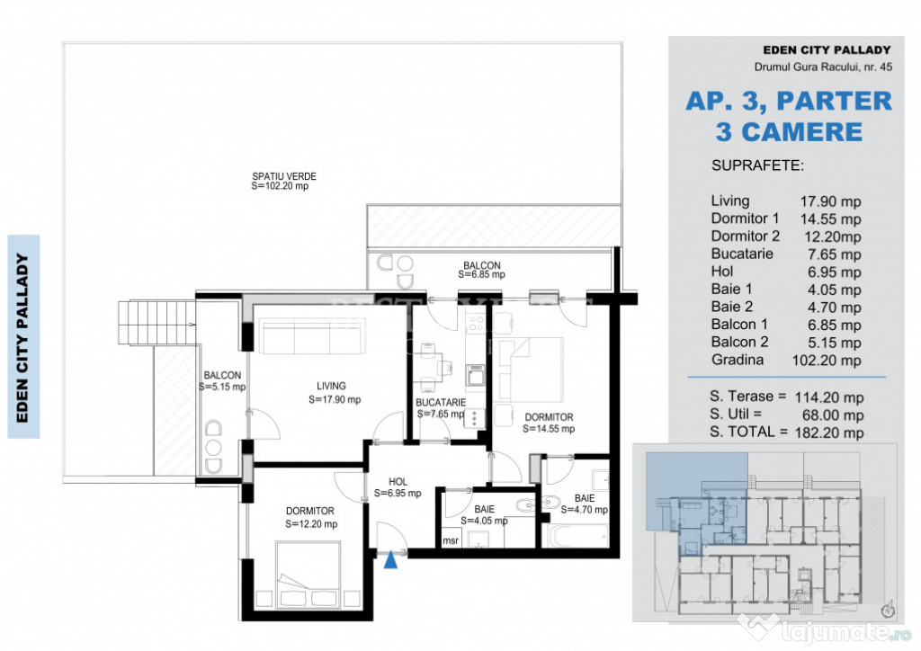 3 Camere cu Gradina -Incalzire Pardoseala