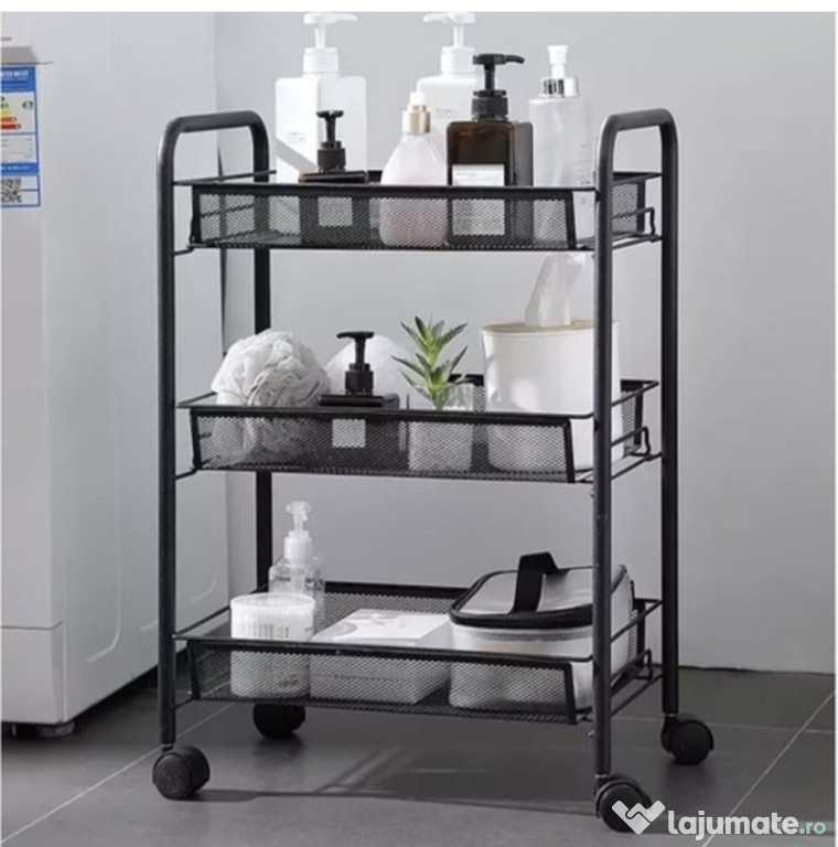 Raft mobil pentru bucatarie, baie, loft, roti rotative la 360°, etajer