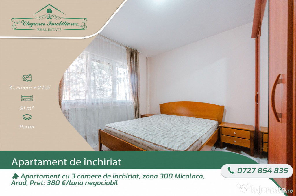 Apartment cu 3 camere de închiriat, zona 300 Micalaca, Arad