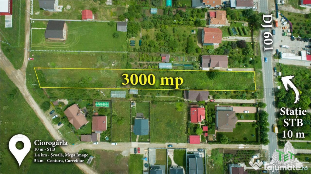 Teren 3000mp stradal cu toate utilitatile 10 minute de Bucur