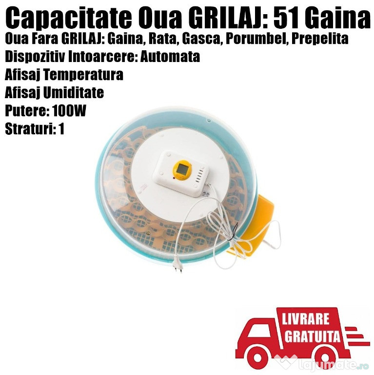 Incubator Clocitoare 51 Oua Ou Pui Gaina Pasari Gasca Rata Prepelita
