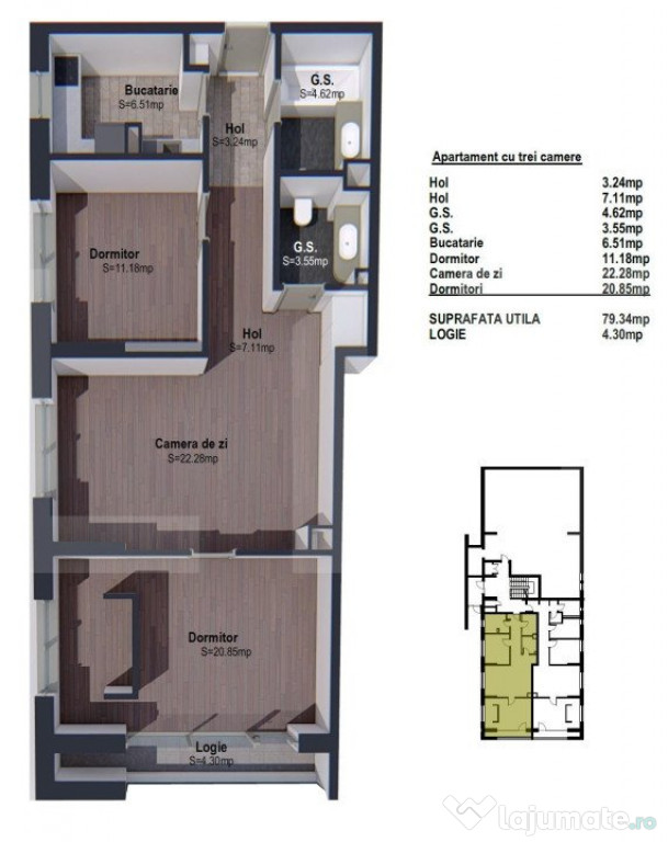 Apartament de 3 camere semifinisat, 79mp, bloc nou, zona lin