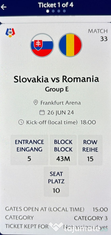 4 Bilete Euro 2024 Slovacia - Romania Categotia 3