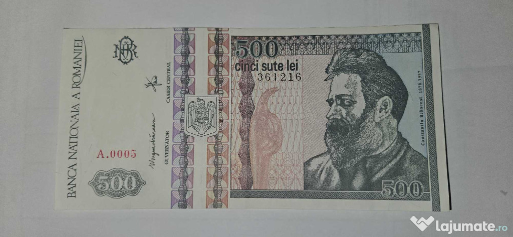 Vand Bancnota 500 lei Brancusi necirculata serie A.0005 filigram fata