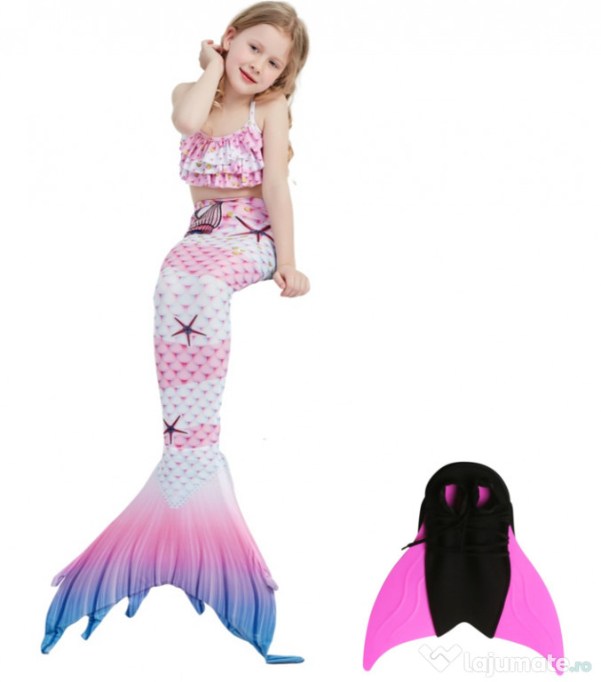 Set 4 piese Costum Sirena Ariel THK® Scoici, Roz, 110 cm