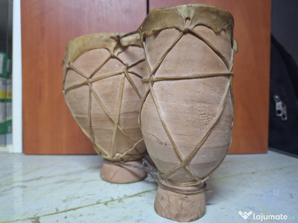 Tarabană dublă traditională din ceramică și piele naturală