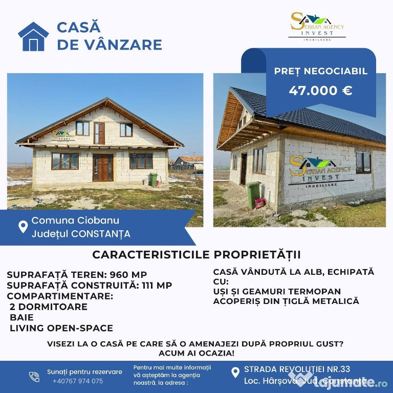 Casă în construcție de vânzare – Comuna Ciobanu, Jud. Constanța