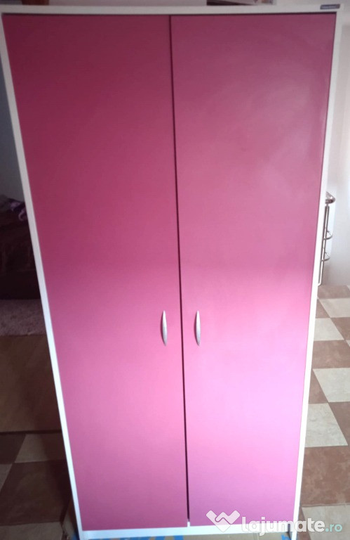 Dulap pentru haine, alb, 2 usi roz, 85 x 51 x 187 cm, pal melaminat