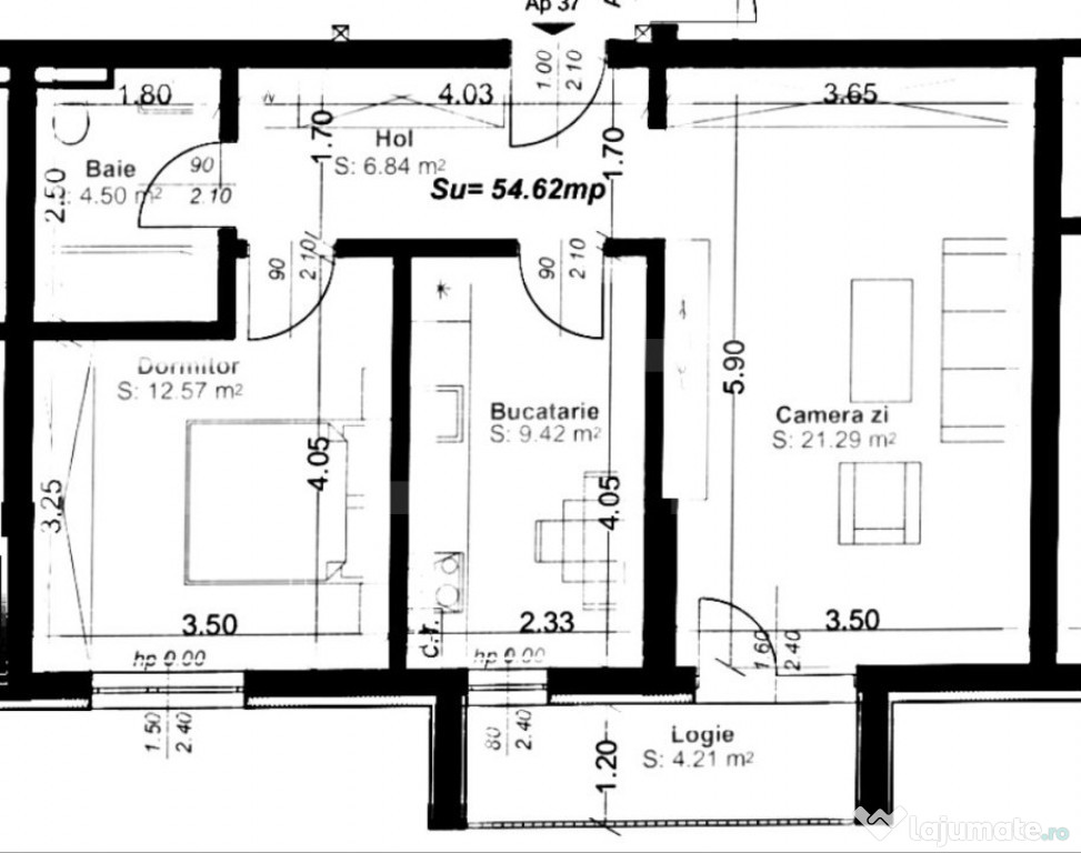 Apartament 2 camere, decomandat, 54mp utili, logie 4,21, zon