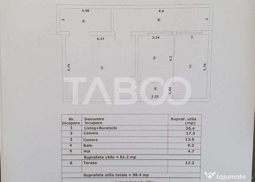 Apartament 3 camere decomandat 81 mp utili + terasa 17 mp no
