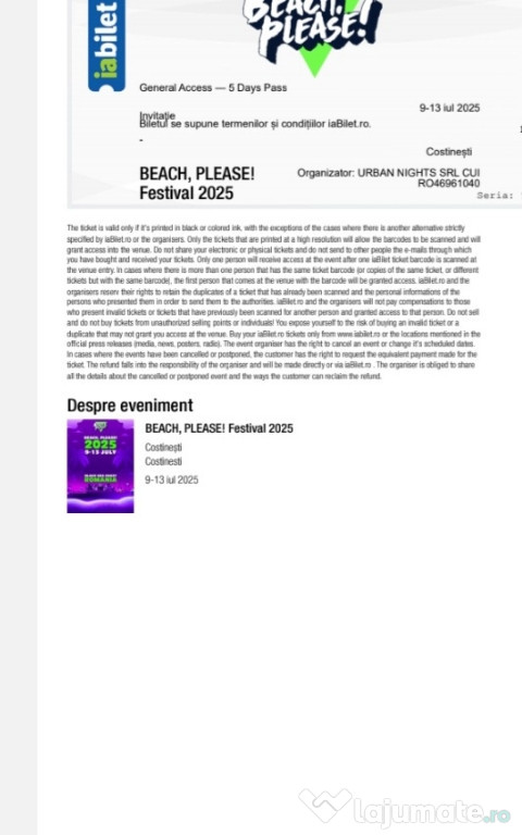 Beach please - bilet acces general 9-13 iulie
