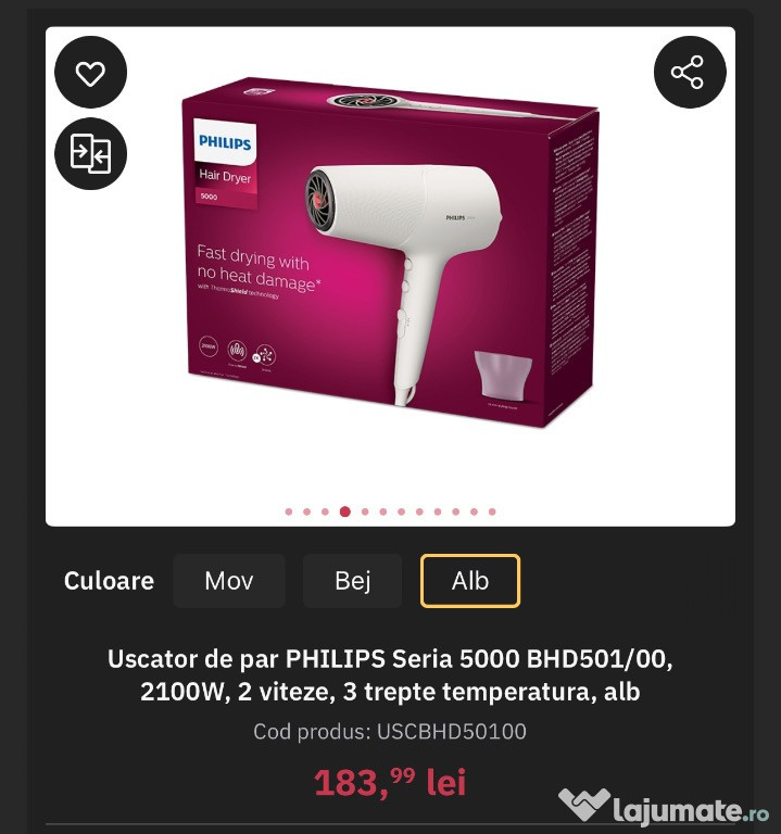 Uscător de păr PHILIPS Seria 5000 BHD501/00 (2100W, culoare albă)