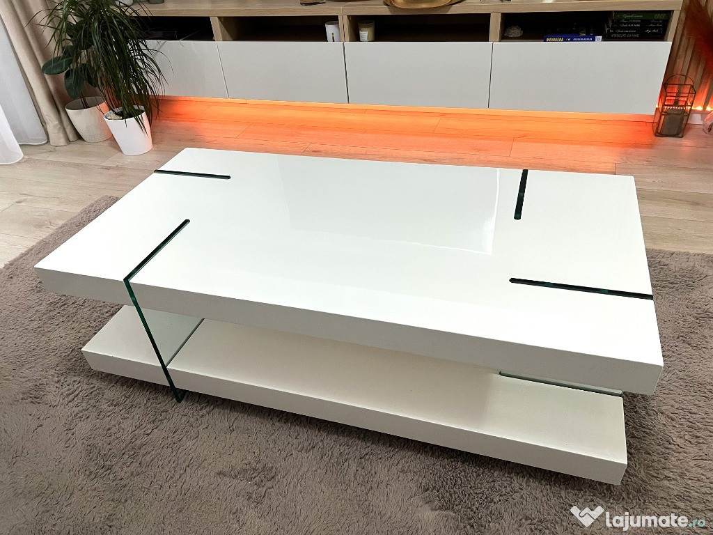 Masa living moderna - alb lucios & suporti sticla securizata