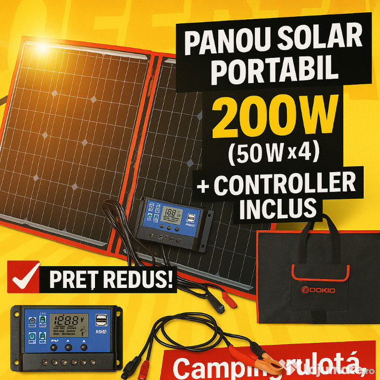 Panou solar portabil 200W – SUPER OFERTĂ! Camping, rulotă, barcă, 12V