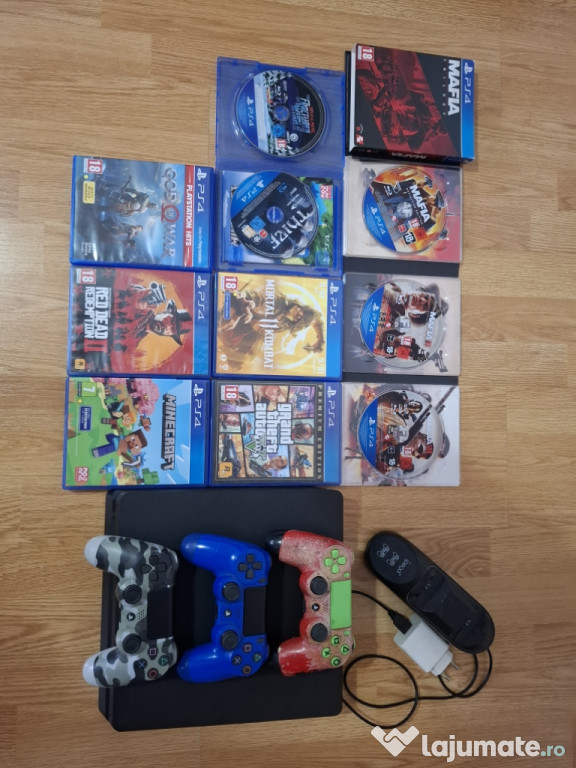 Ps4 slim cu 3 manete+statie incarcat și 10 jocuri