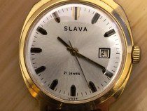 Ceas SLAVA placat aur, 21 rubine, calendar, mecanism 2414, excelent