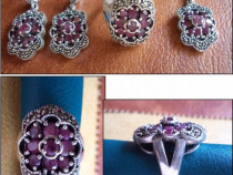 Set argint cu marcasite + rubin - inel, cercei, medalion (1)