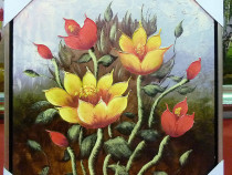 Tablou pictat manual pe panza in ulei , Peisaj cu flori A-3