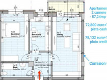 Apartament 2 camere, 57,24 mp, decomandat, Galata Iasi Sos.