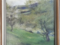 Peisaj anii 1900 pictor austriac Hugo Charlemont-ulei pe carton