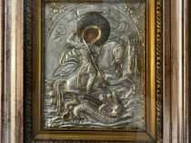 Icoană veche romaneasca, alpaca ramă dublă, 30x40 cm Sfantul Gheorghe